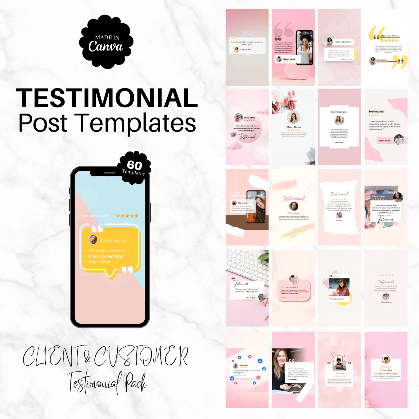 60 Testimonial Instagram Story templates (Brown, Yellow & Pink)