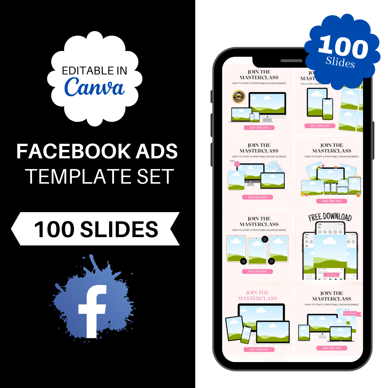 Facebook Ads Template Set Editable in Canva - 100 slides