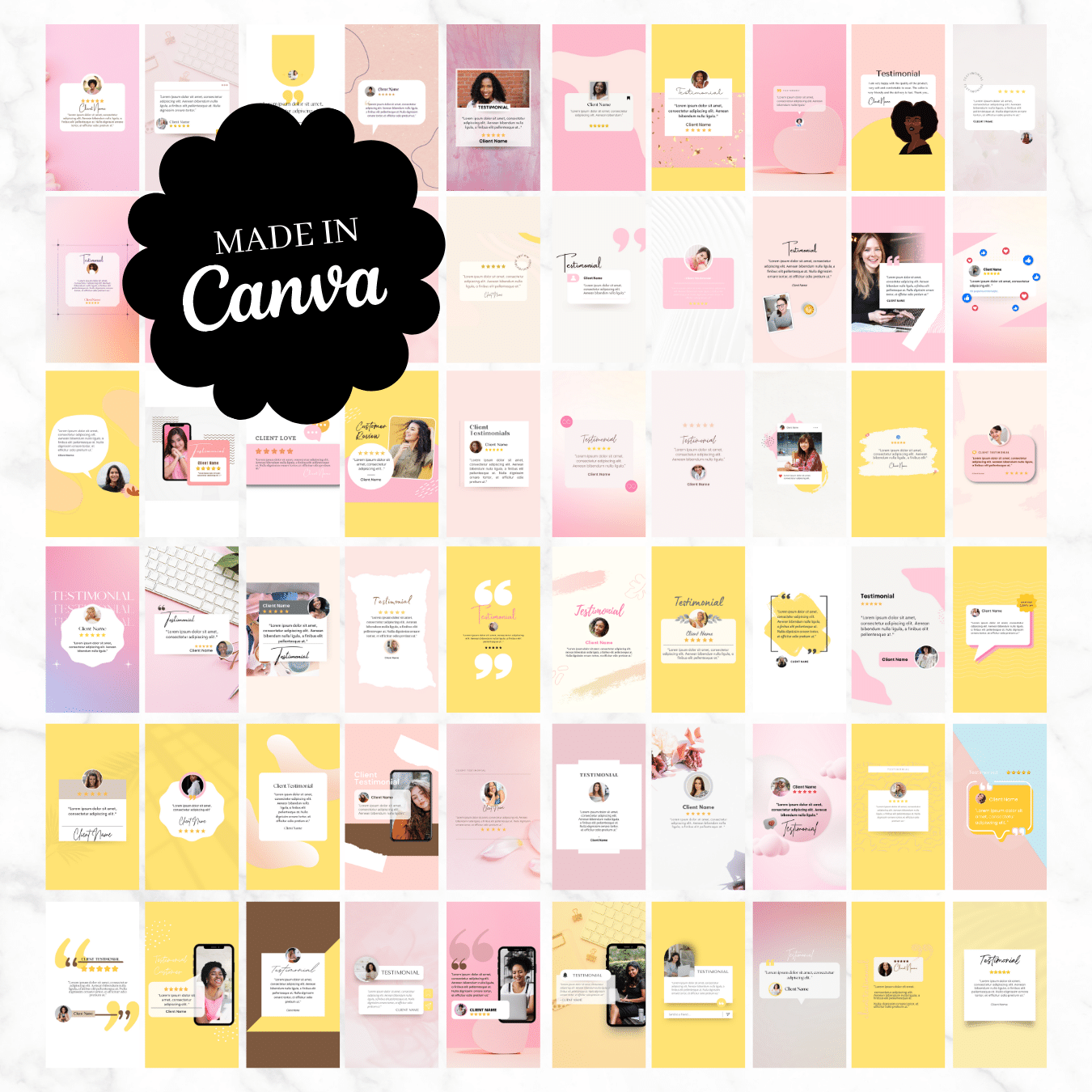 60 Testimonial Instagram Story templates (Brown, Yellow & Pink)
