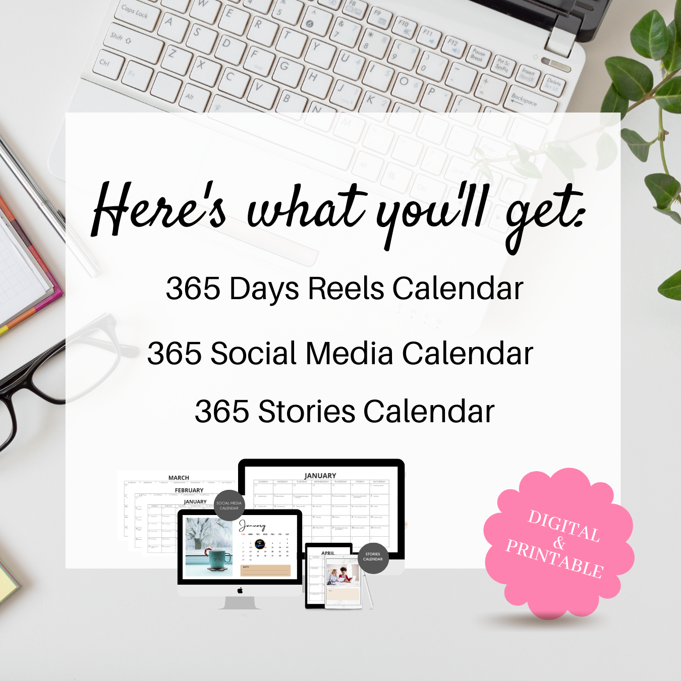 WITH EXAMPLES - 365 Days Reels + Social Media + Stories Calendar