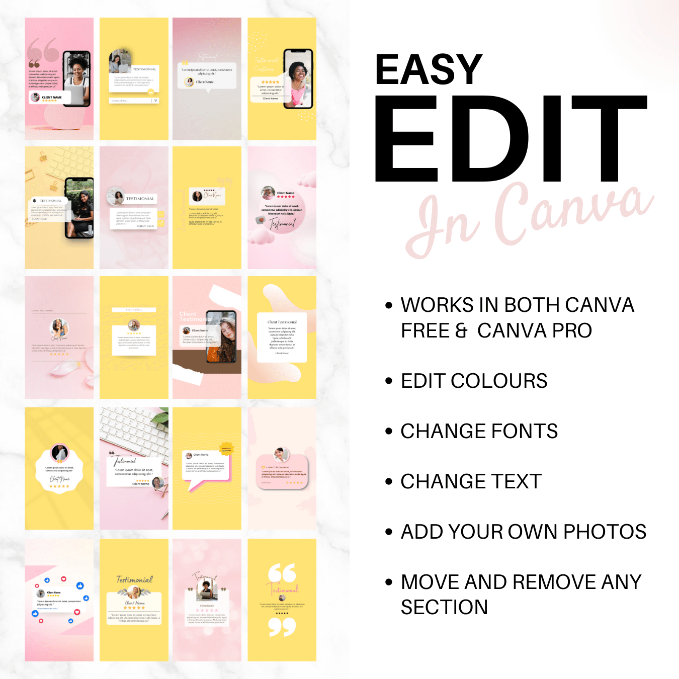 60 Testimonial Instagram Story templates (Brown, Yellow & Pink)