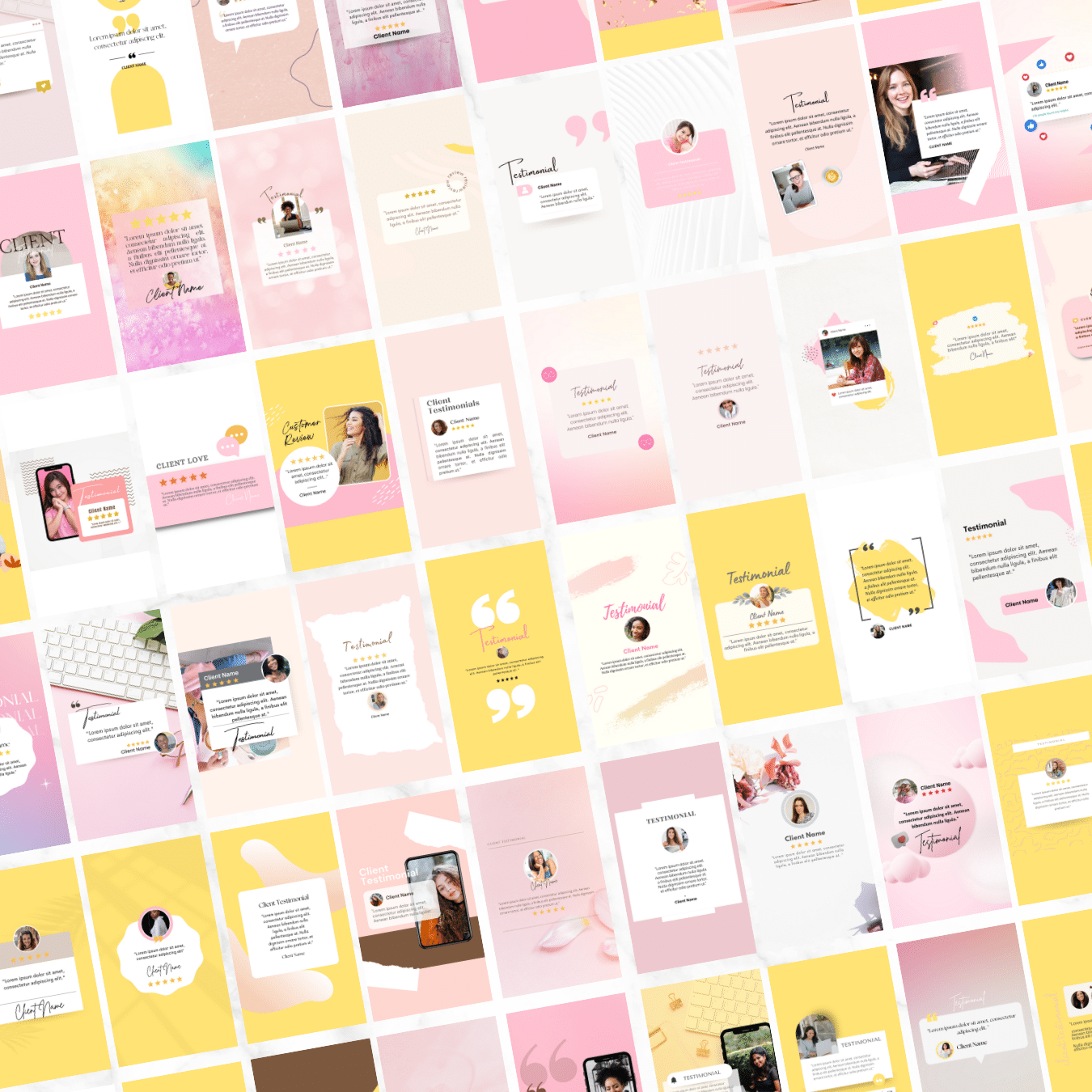60 Testimonial Instagram Story templates (Brown, Yellow & Pink)